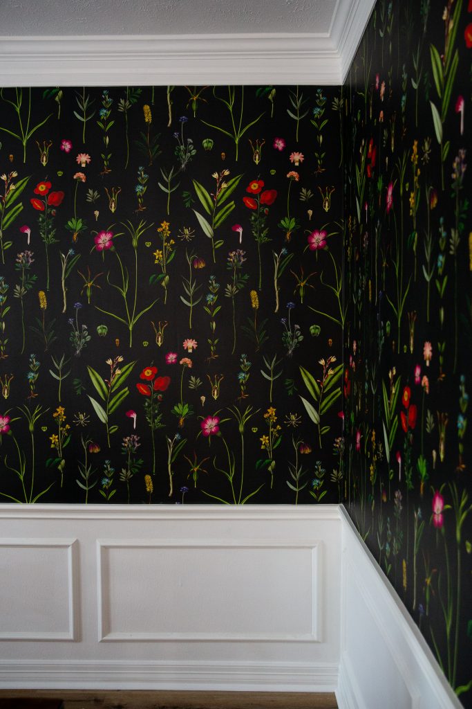 Dining Room Reveal with Black Floral Moody Wallpaper 