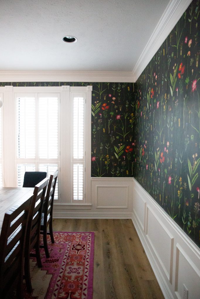 Dining Room Reveal with Black Floral Moody Wallpaper 